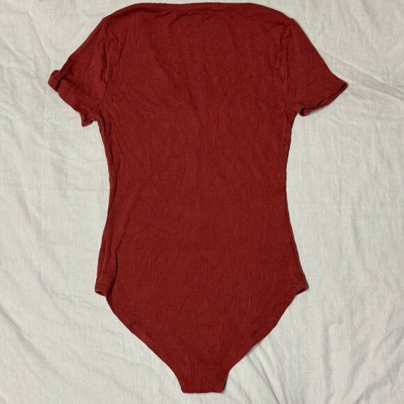 Burnt Orange Aero Button Neckline Ribbed Bodysuit - Picture 2 of 4